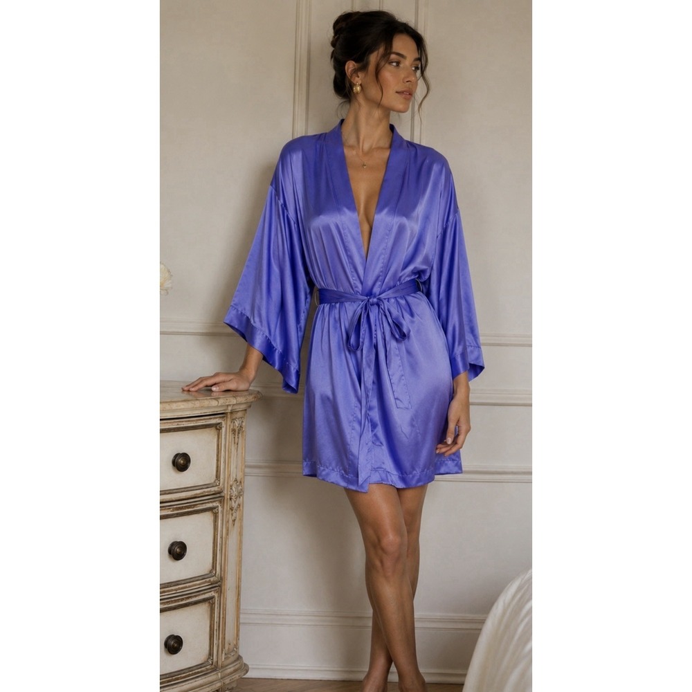 Victoria's Secret Satin Mini Wrap Robe Purple Size M/L Sexy Romantic Lingerie‎